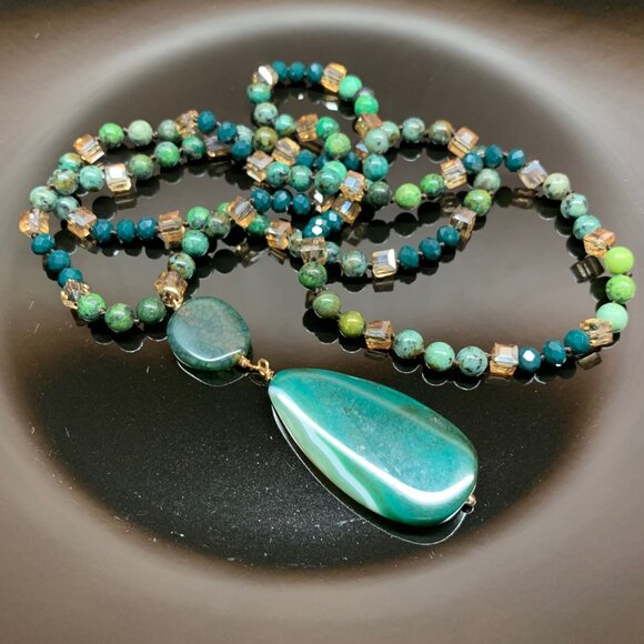 Beautiful Green Stone Agate Champagne Crystal Beads Long Necklace J844 - Picture 4 of 5